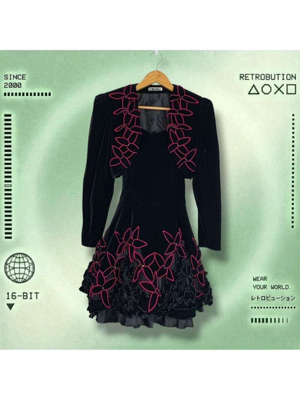 Vintage 80s Komlics Velvet Dress Set Black Pink Size S